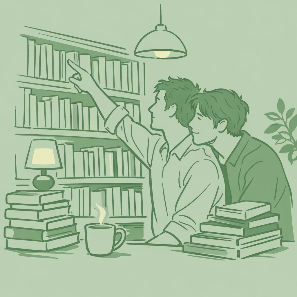 Gay couple browsing LGBTQ+ books together in cozy literary reading nook