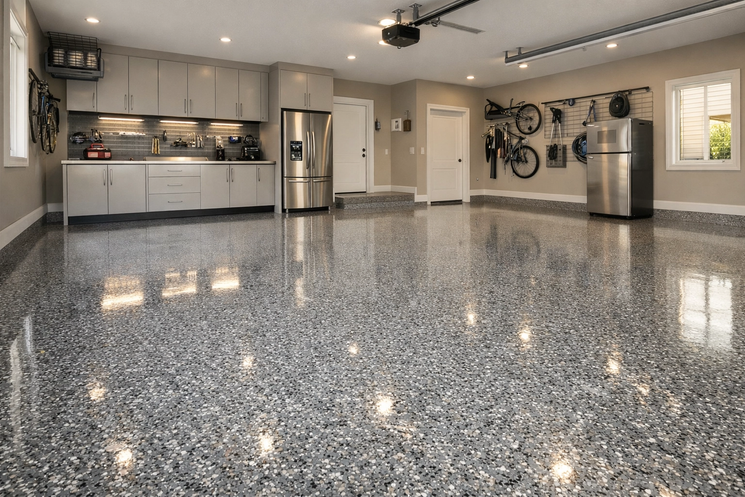 High-gloss silver-grey Polyaspartic flake garage floor coating in a Regina home.