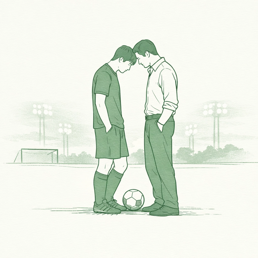 Two male athletes connect on football pitch at dusk - gay sports romance illustration