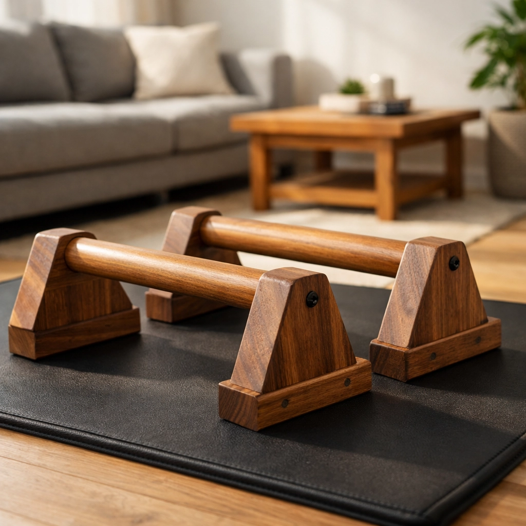 Wooden parallette bars for home calisthenics training in living space