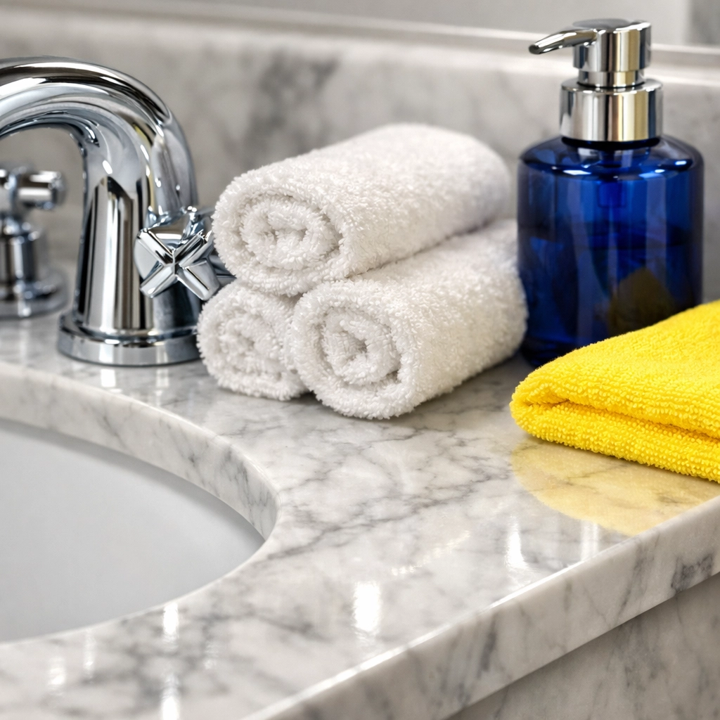Sparkling clean marble bathroom vanity after a professional residential deep cleaning in Leominster MA.