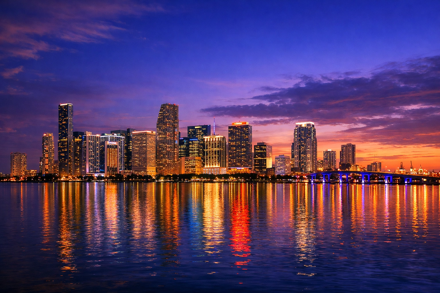 Miami skyline at blue hour reflecting on water, a top spot for fine art travel photography work.