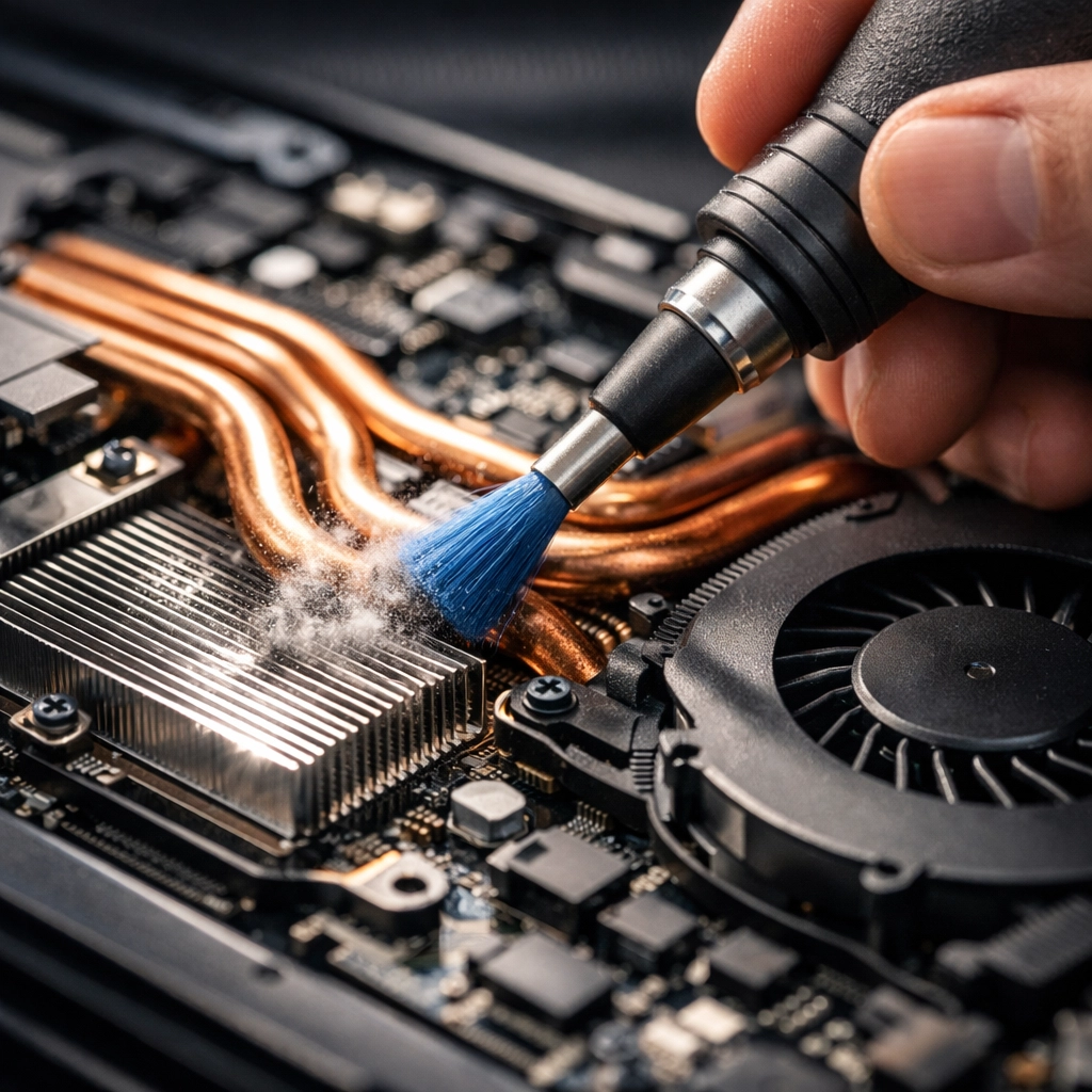 A technician performing a professional internal cleaning of laptop cooling fans and heat pipes.