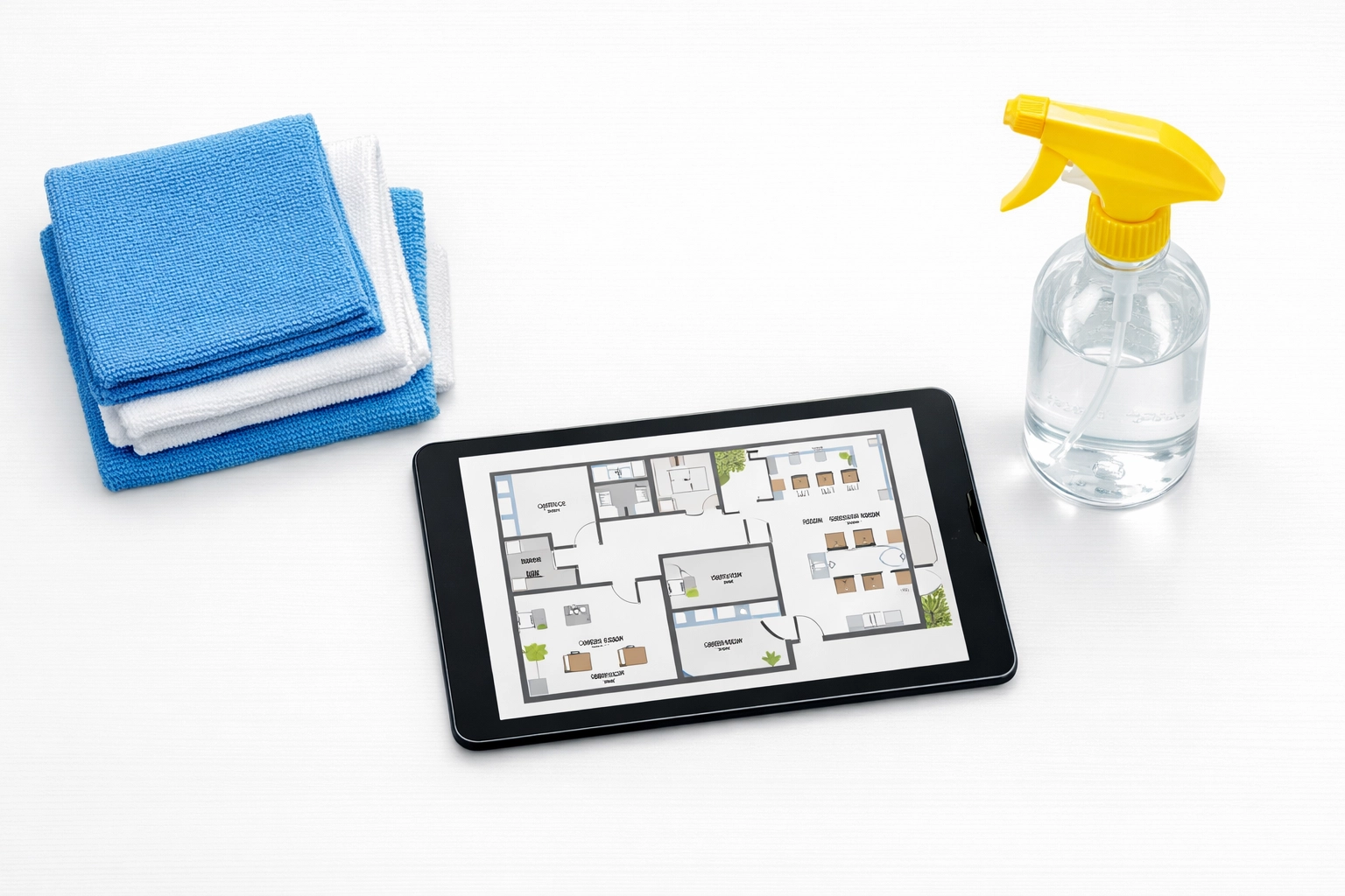 Professional office desk with cleaning supplies and floor plan for planning commercial cleaning services prices.