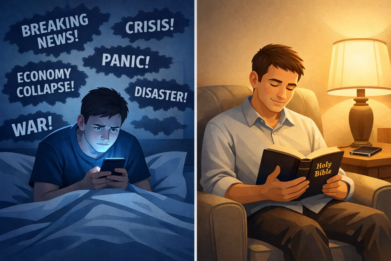 Contrast between anxious news scrolling and peaceful Bible reading in evening routine