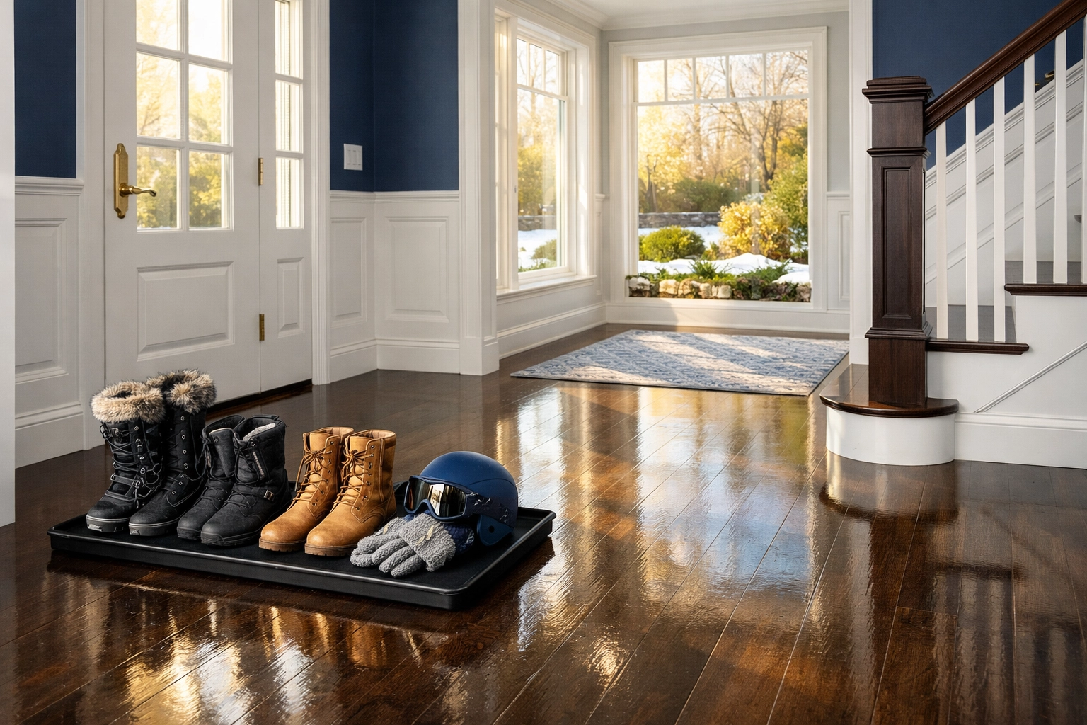 Luxury Massachusetts entryway with clean hardwood floors after a professional residential cleaning MA service.