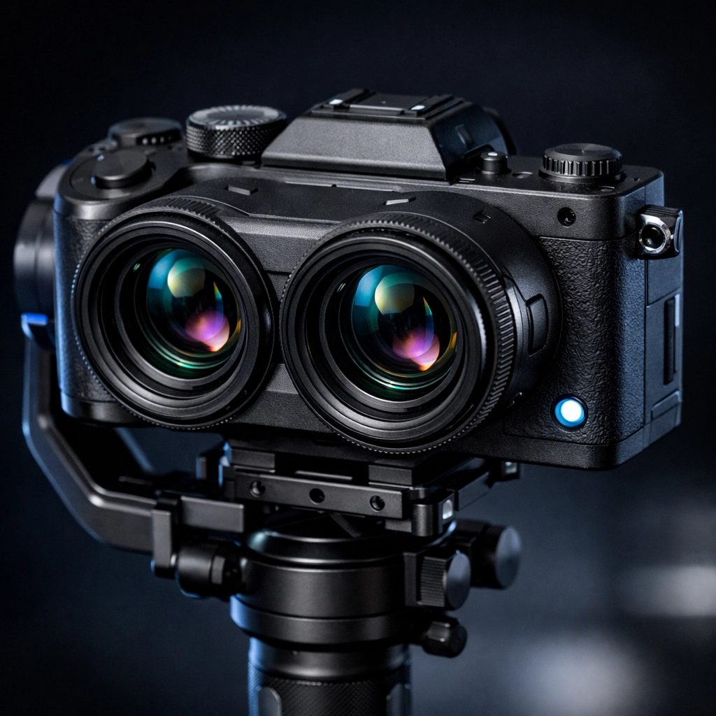 Dual-lens mirrorless camera prototype designed for VR 3D photography and gear review features.