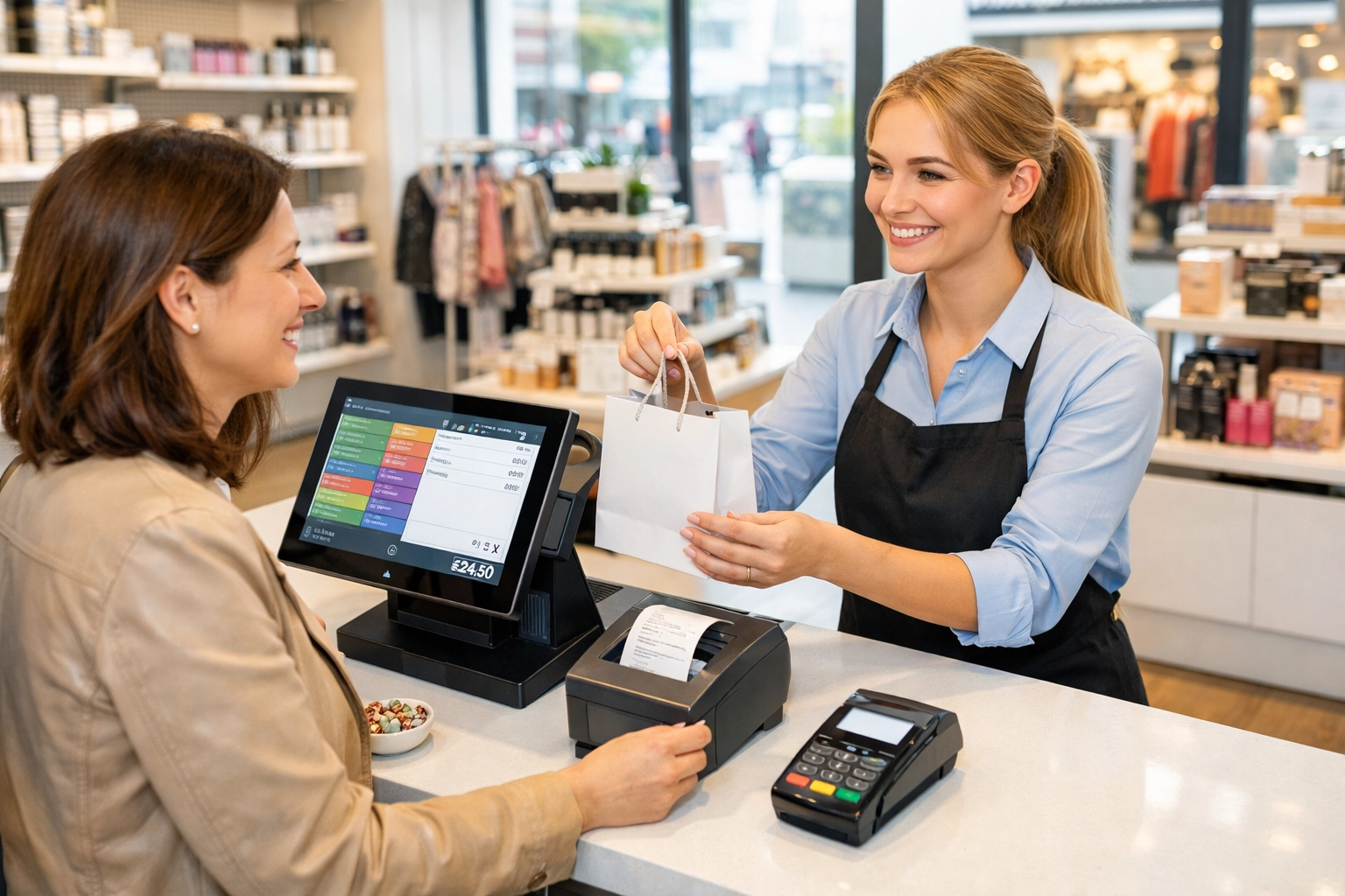 Modern UK retail shop with touchscreen POS system serving customers at checkout counter