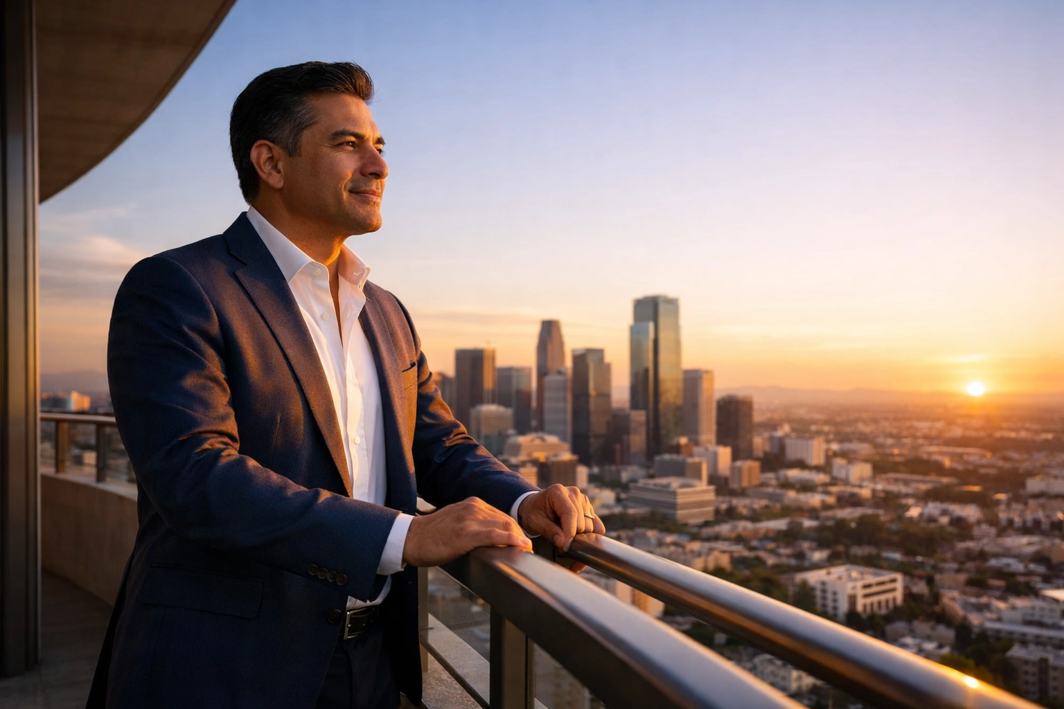 Successful executive looking over city skyline, representing business growth and financial peace of mind.