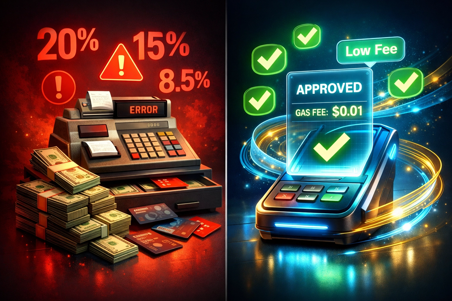 Traditional payment systems vs Larecoin Web3 payments comparison showing 50% merchant fee savings