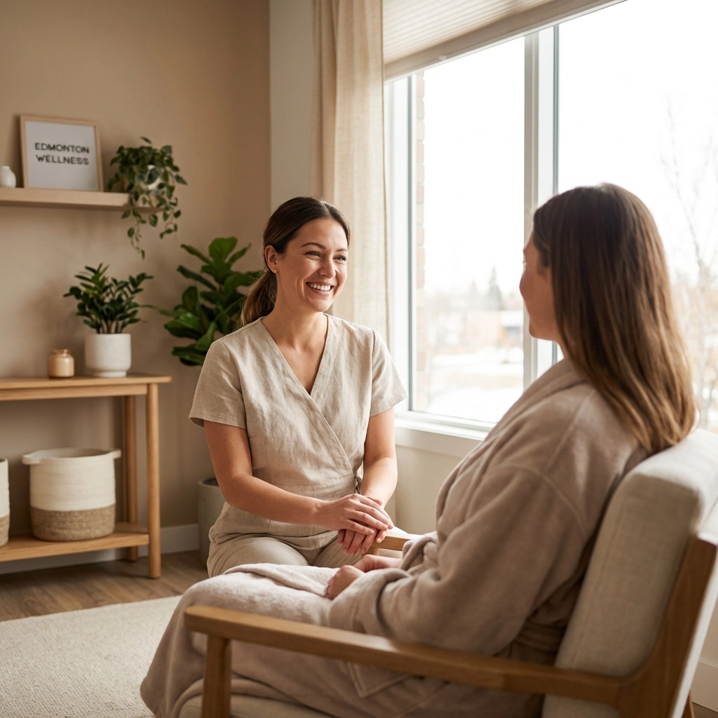 Calming massage therapy room in Edmonton with warm lighting and neutral tones