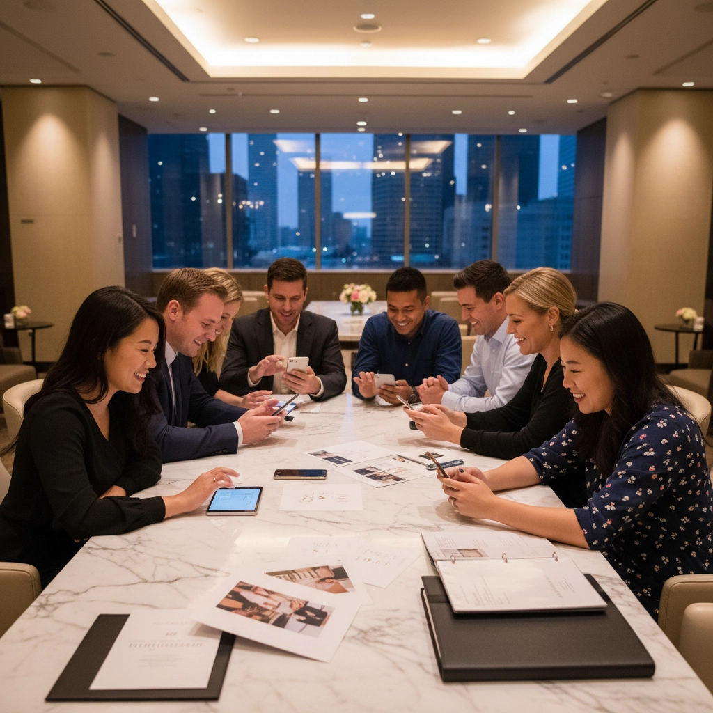 Colleagues around a marble table using smartphones, smiling in a modern office with city view windows. Papers and folders are on the table.