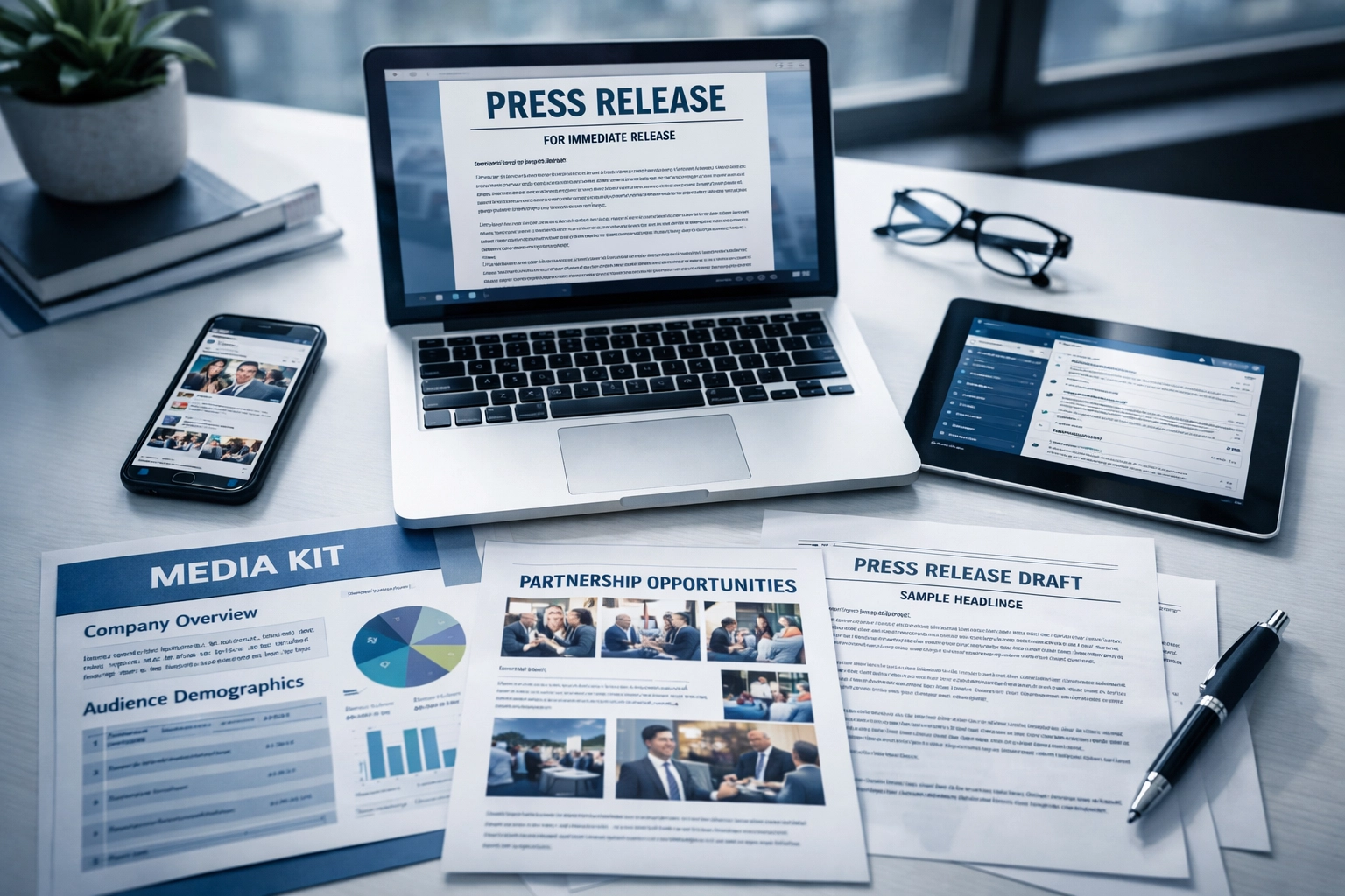 Multi-platform press release workspace with laptop, smartphone, and tablet showing digital distribution