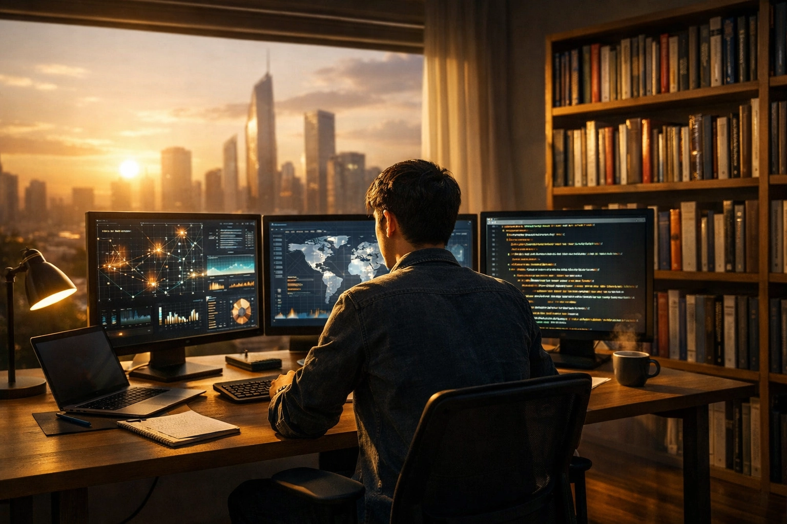 Professional studying data science and coding at a modern home office desk with multiple monitors.