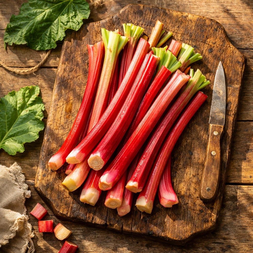 Fresh Pacific Northwest rhubarb stalks on rustic cutting board for Southern-inspired spring cooking