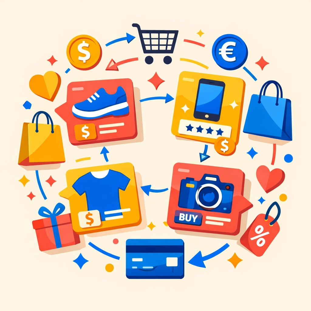 Digital marketplace showing multiple product offerings and transaction flow for sellers