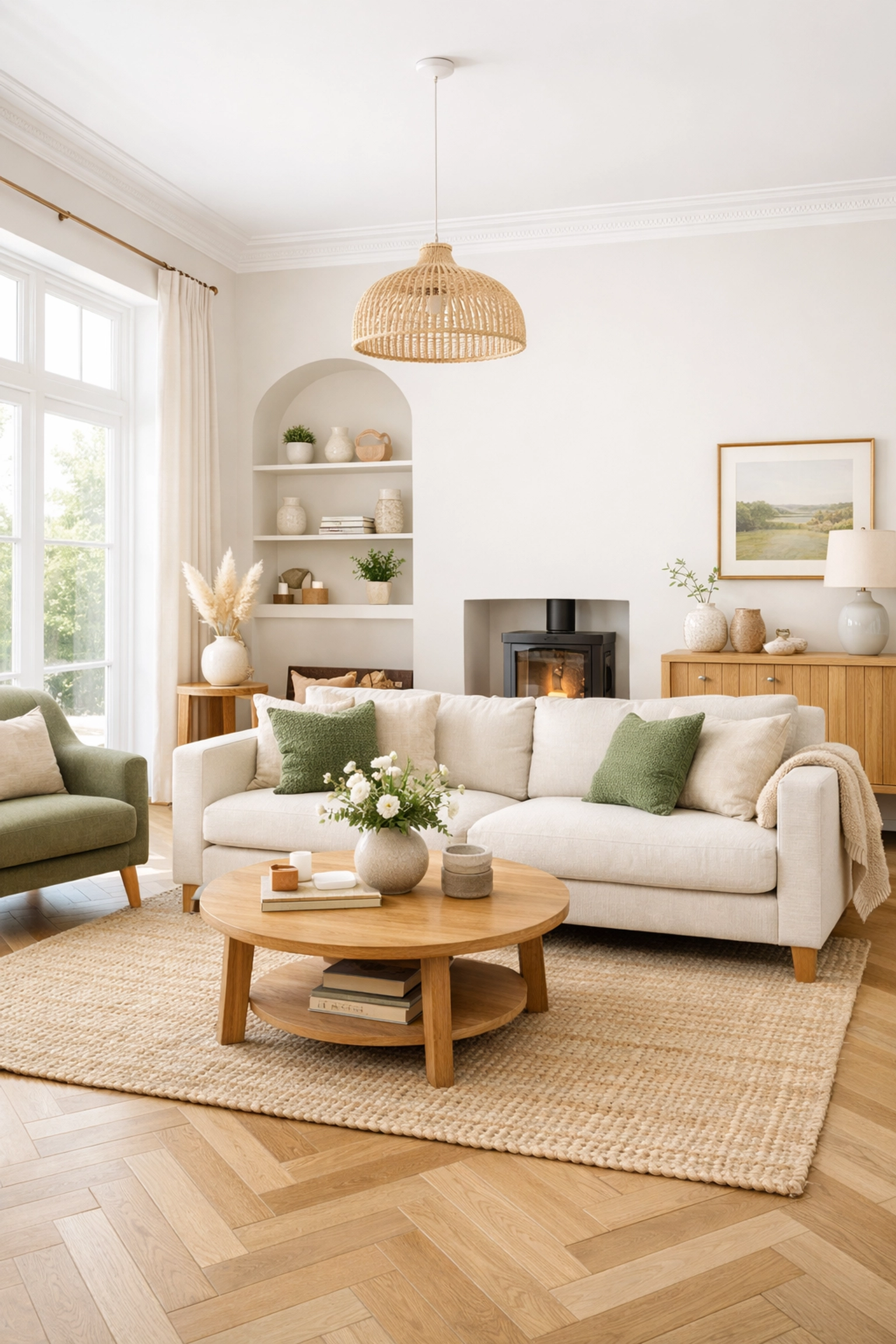 Bright Cheltenham living room blending modern linen sofa with traditional white coving and green walls.