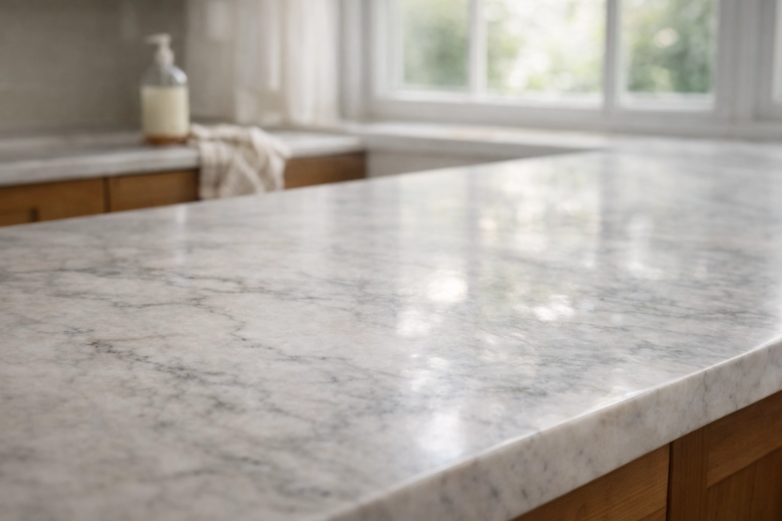 Sparkling marble countertop cleaned using non-toxic products by a Nanaimo house cleaning professional.