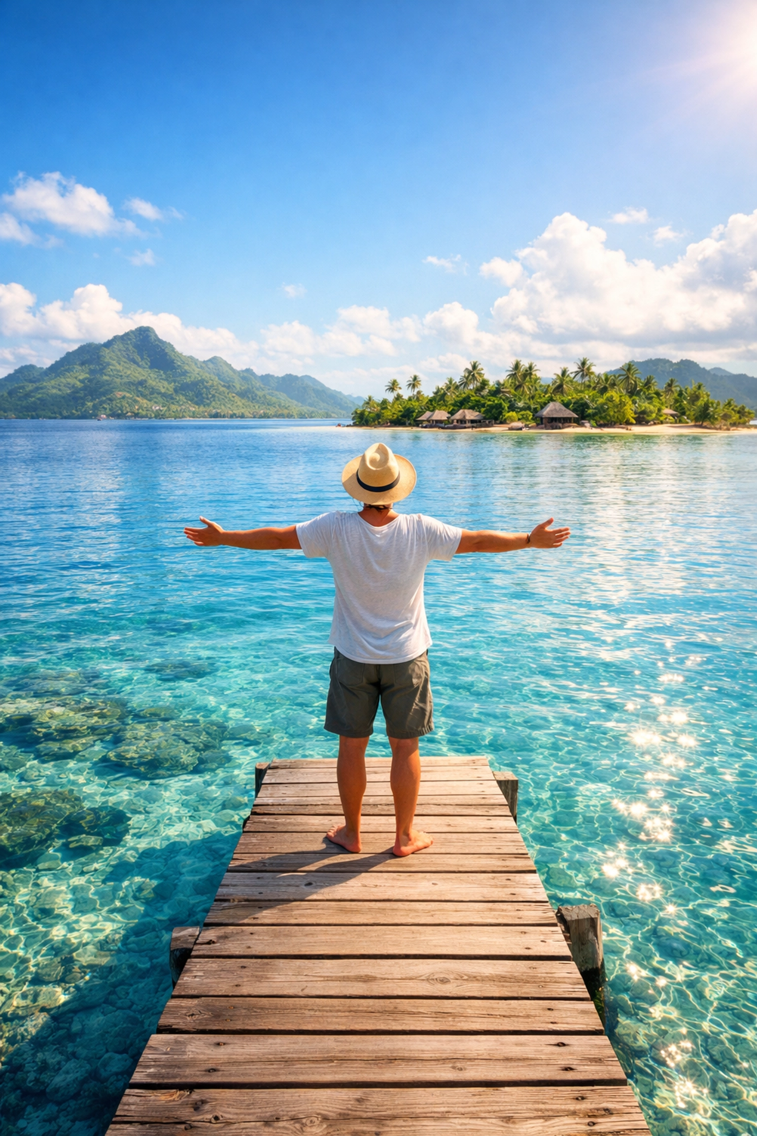 A traveler enjoying a seamless, worry-free luxury vacation on a tropical pier.