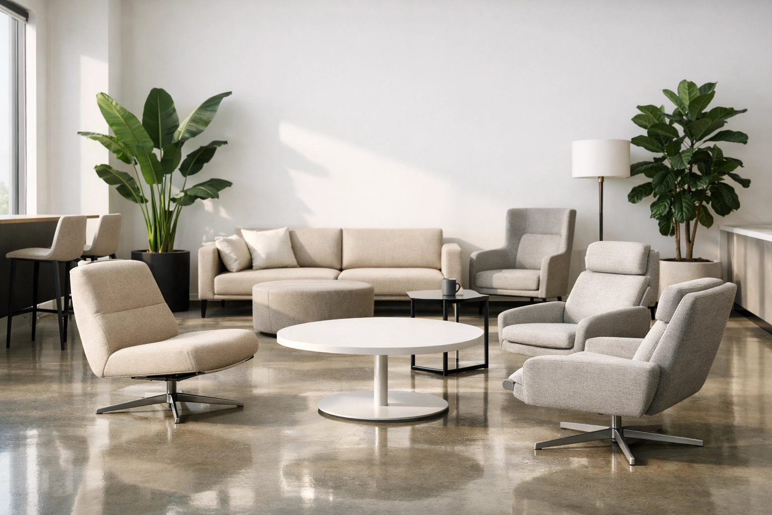 A clean, well-maintained contemporary office lounge reflecting preventative maintenance standards.