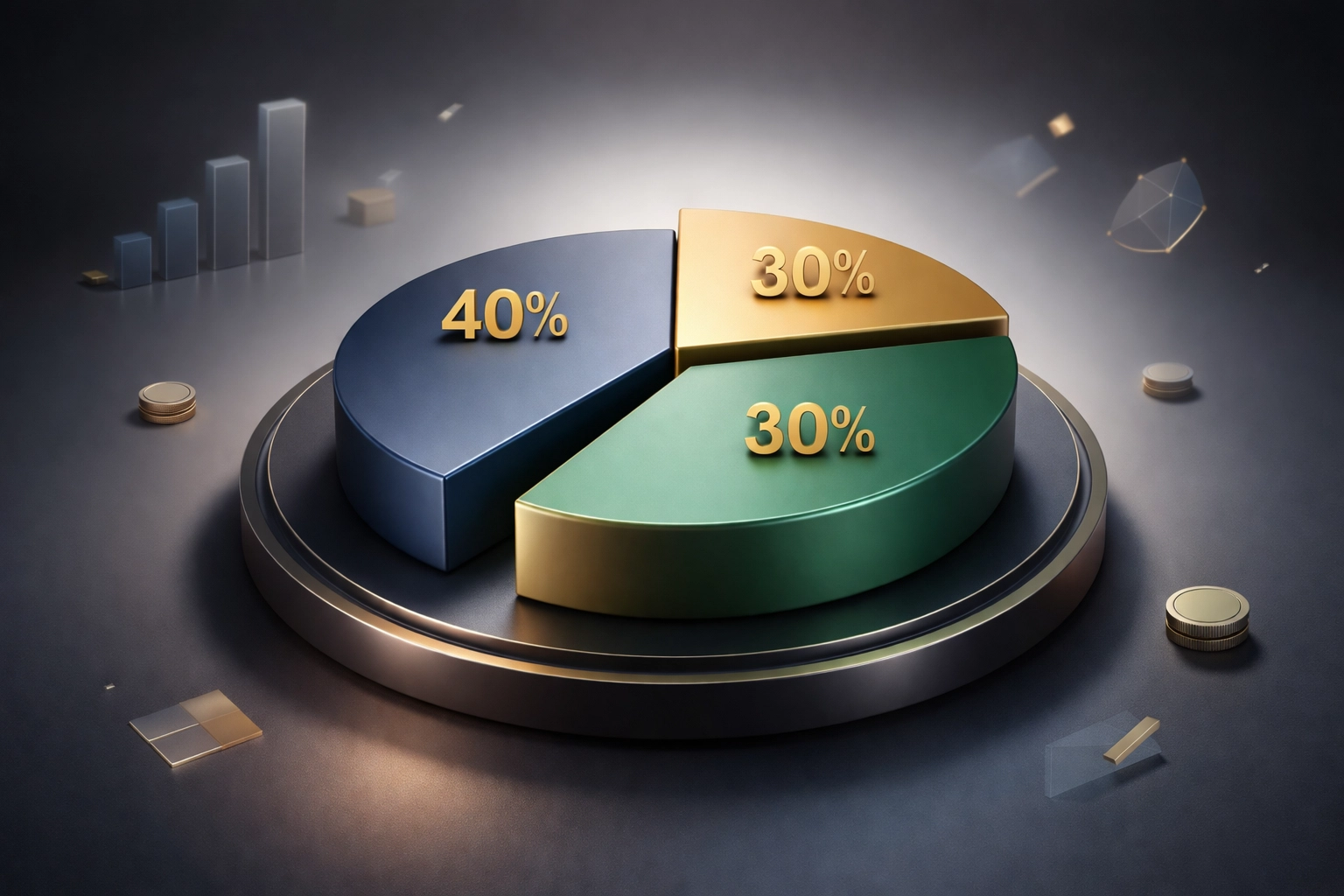 Pie chart illustrating the 40/30/30 portfolio allocation model for accredited investors