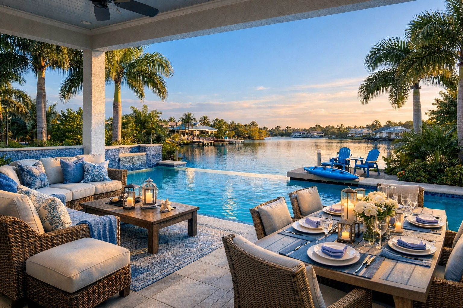 Staged waterfront lanai with pool and outdoor living space showcasing SWFL winter lifestyle appeal