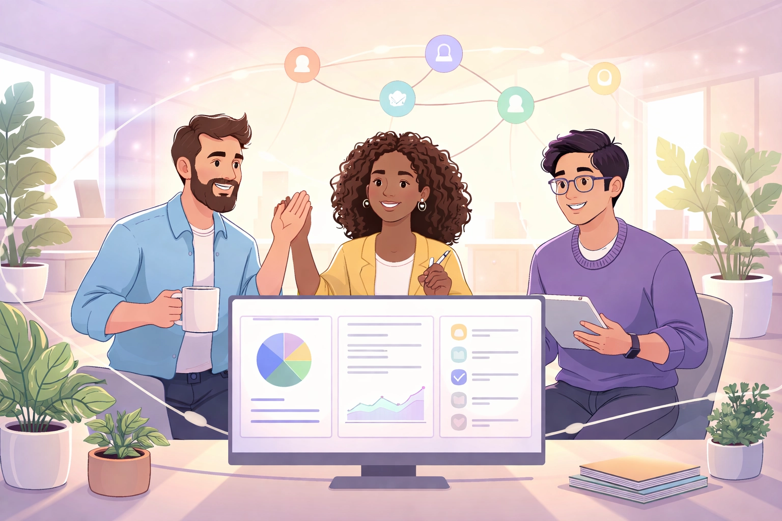 Team collaborating seamlessly around a unified dashboard with connected workflows