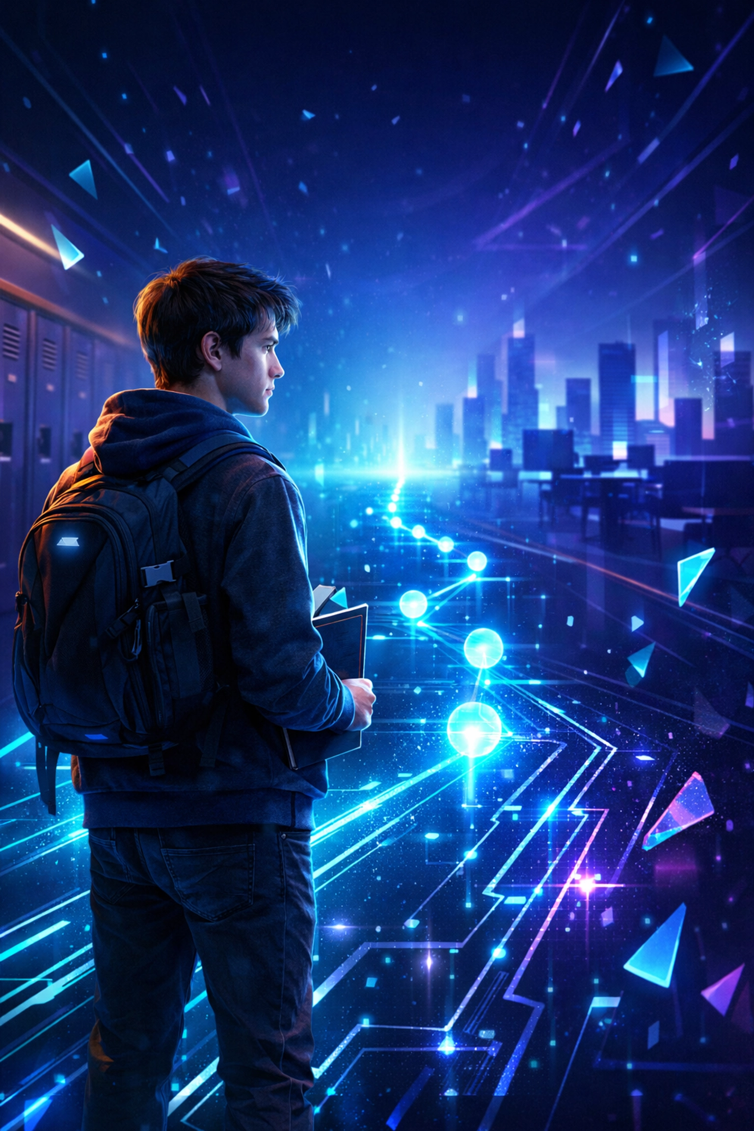 Student visualizing a digital career funnel and data-driven workforce readiness pathway in a high-tech setting.