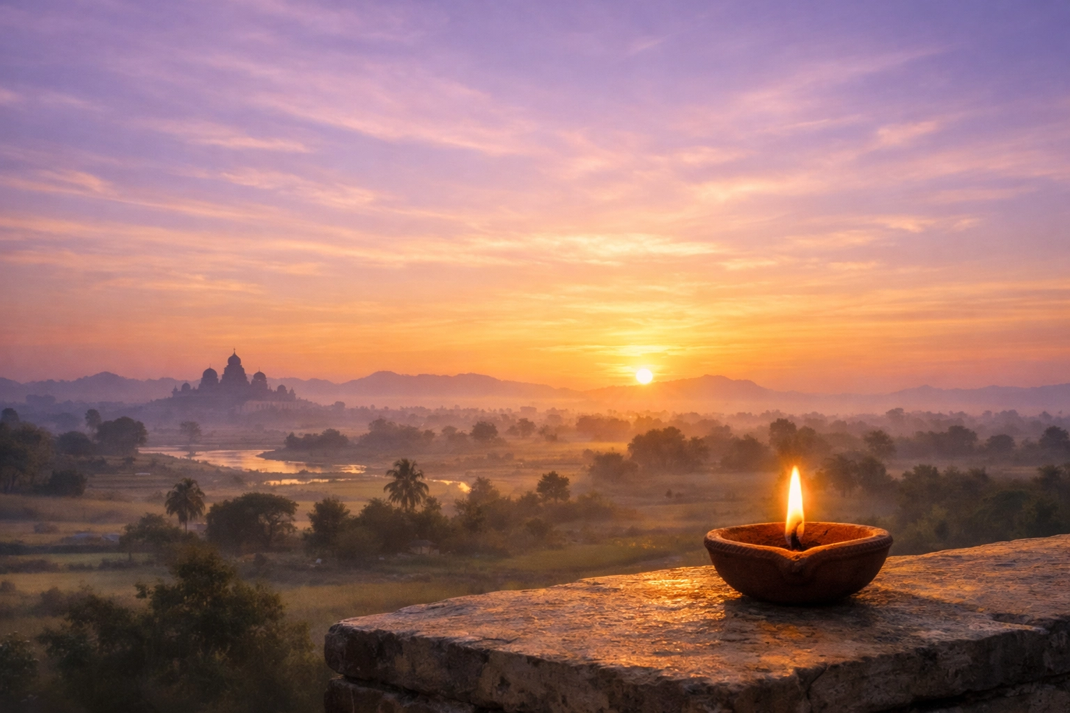 A traditional oil lamp lit at sunrise in India, symbolizing the light of the Gospel and hope.