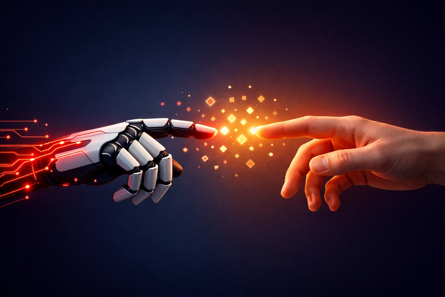 Human and robot hands connecting, symbolizing the balance between AI efficiency and human authenticity