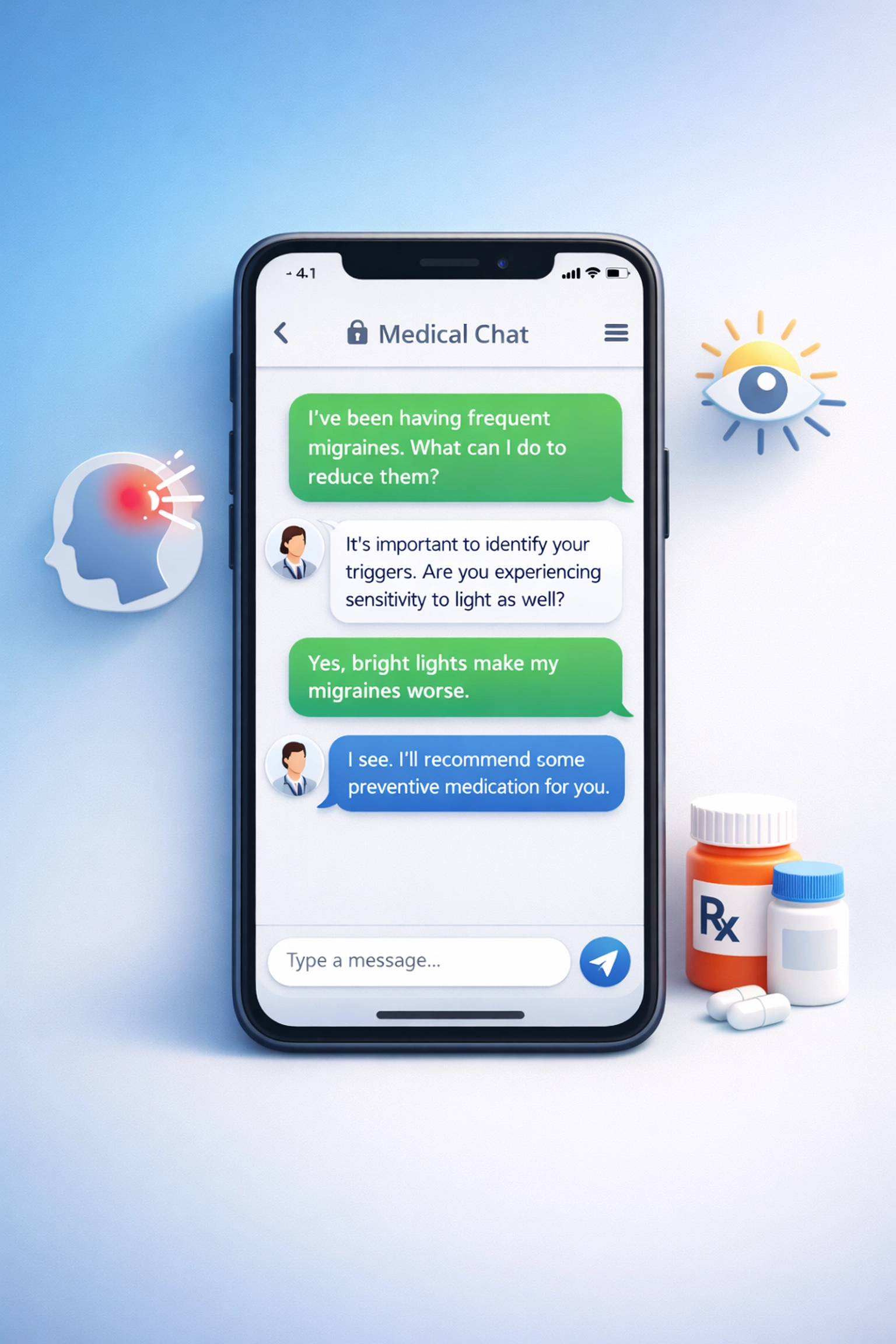 Online migraine treatment chat interface on smartphone with prescription medication icons