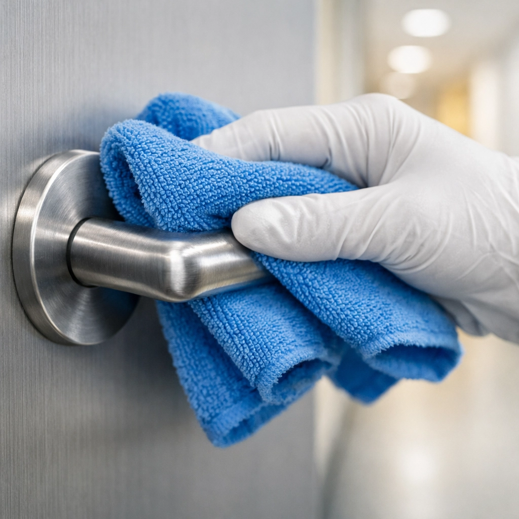 Professional office cleaning in Bedford sanitizing door handles for a healthy workspace.