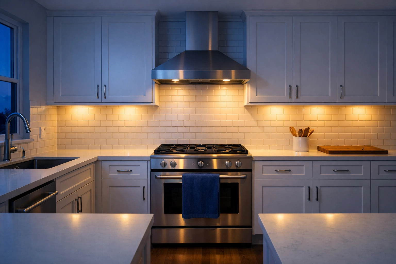 A perfectly organized, clean kitchen demonstrating a nightly reset for Lunenburg homeowners.