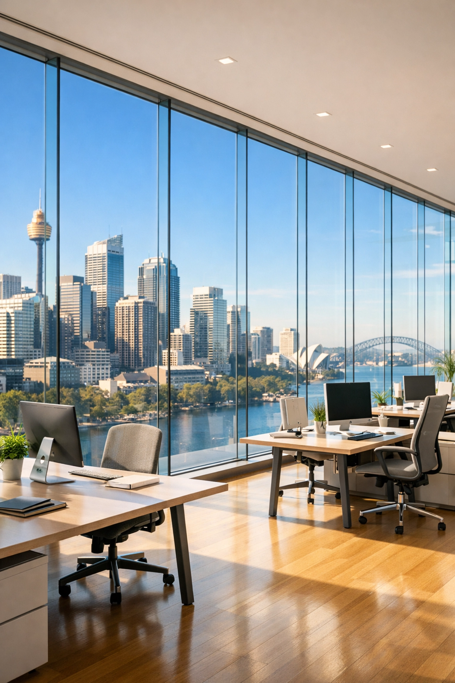 Clear floor-to-ceiling office windows in Sydney showing expert commercial window cleaning.