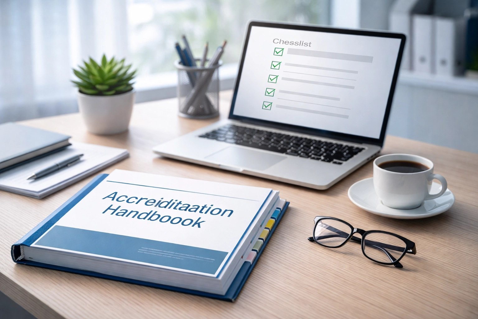 ASC administrator’s workspace with AAAHC handbook, compliance checklist, and coffee, ready for policy updates