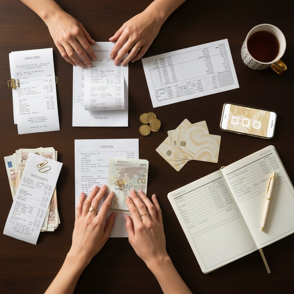 Two pairs of hands one on the top, the other on the bottom, toching the receipts, notebook, coins and other items sit on the table between them. 
