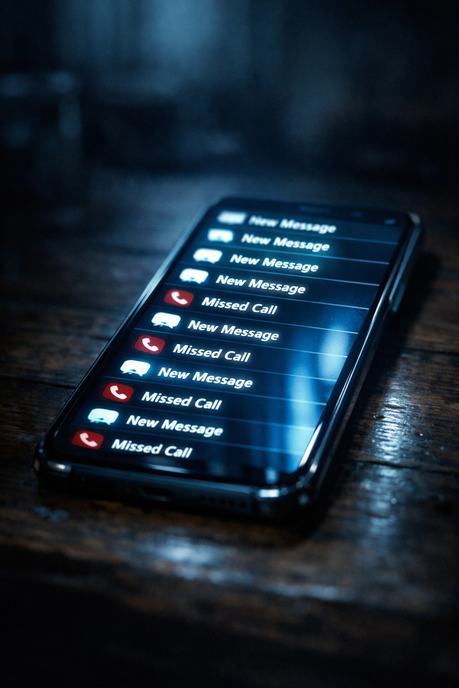 Smartphone glowing with missed call notifications in a dark room, depicting digital monitoring and coercive control signs.
