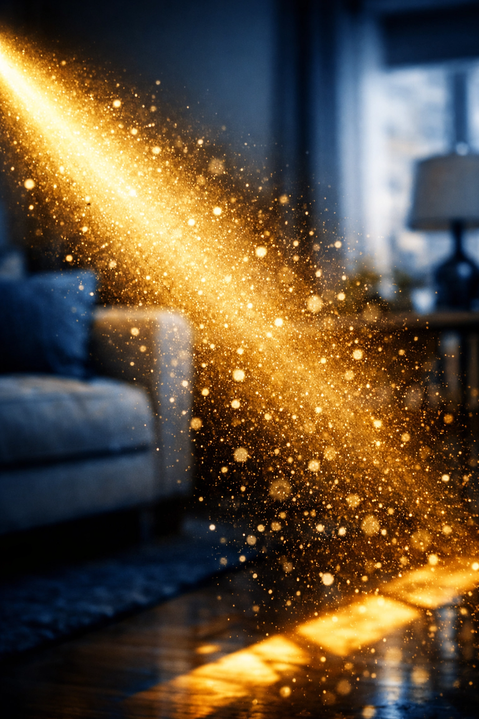 Sunbeam illuminating dust and pollen particles in a Tonawanda home, highlighting indoor allergens.