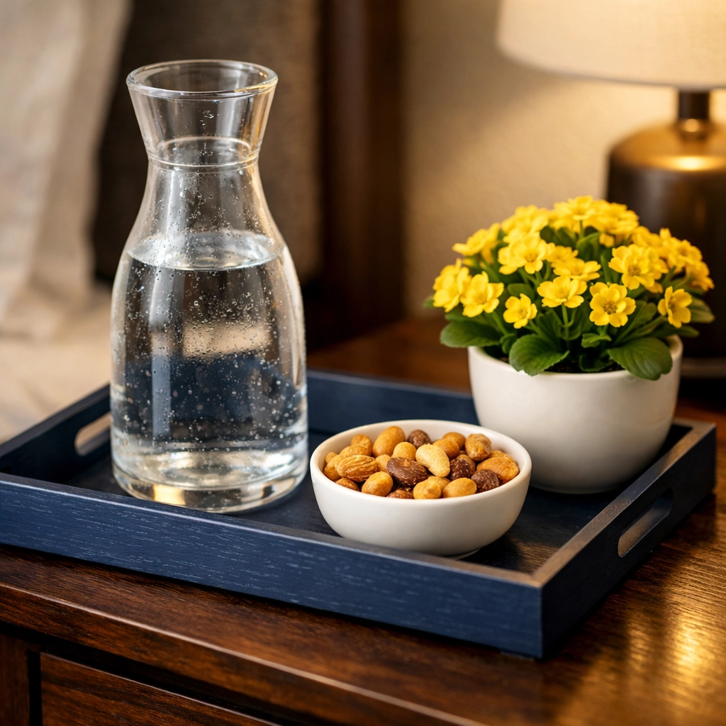 Thoughtful guest welcome tray with water and snacks in a clean Lunenburg estate bedroom.