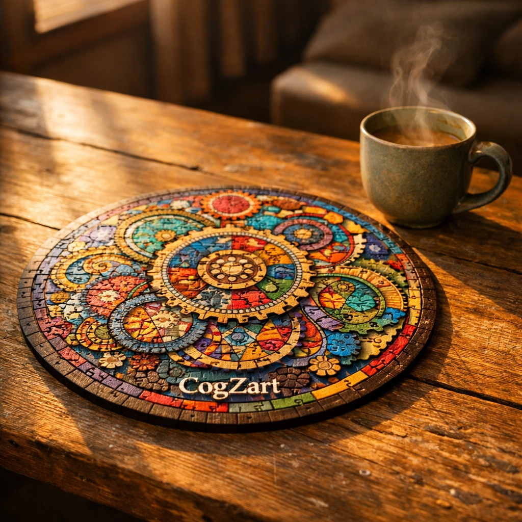 Completed CogZart circular wooden puzzle on a table representing relaxation and puzzle therapy.