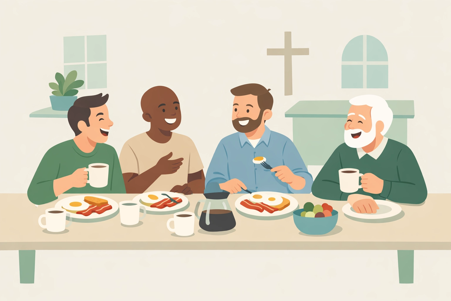 Men eating breakfast together and talking over coffee
