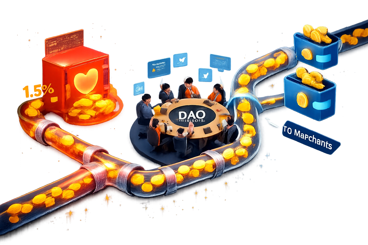 Larecoin blockchain transaction flow showing 1.5% automatic charity donation and DAO governance voting system