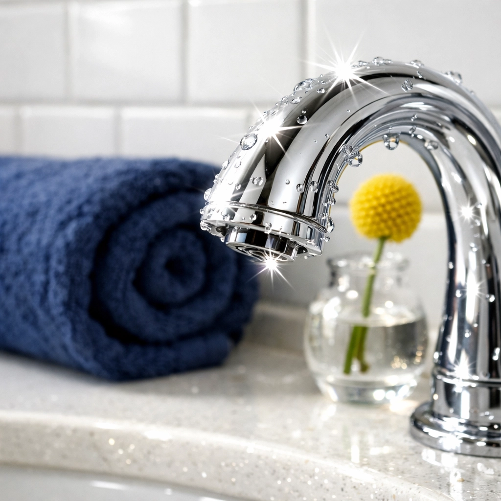 Sparkling chrome bathroom fixtures and white subway tiles after a thorough bi-weekly deep clean.