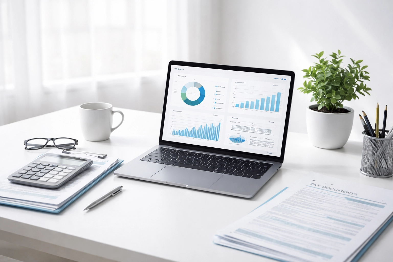 Modern tax professional's desk with laptop and documents illustrating AI-driven office efficiency