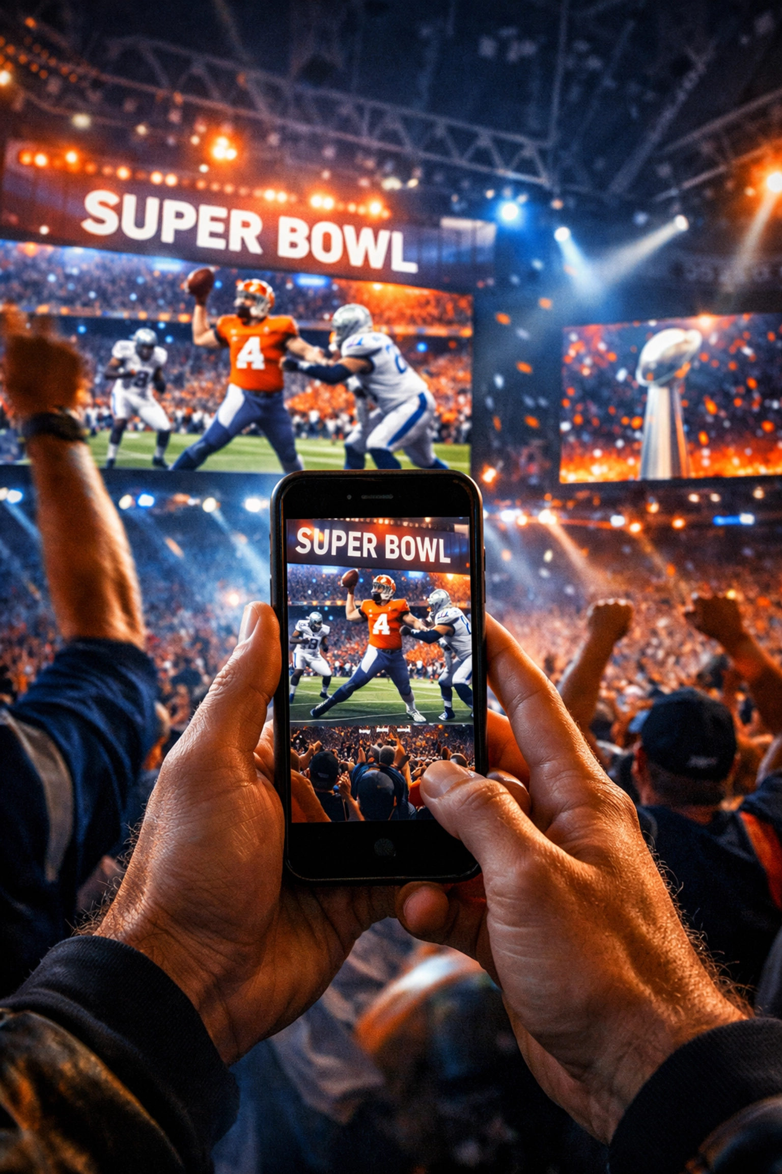 Super Bowl fans recording game day moments on mobile devices in stadium with multiple screens