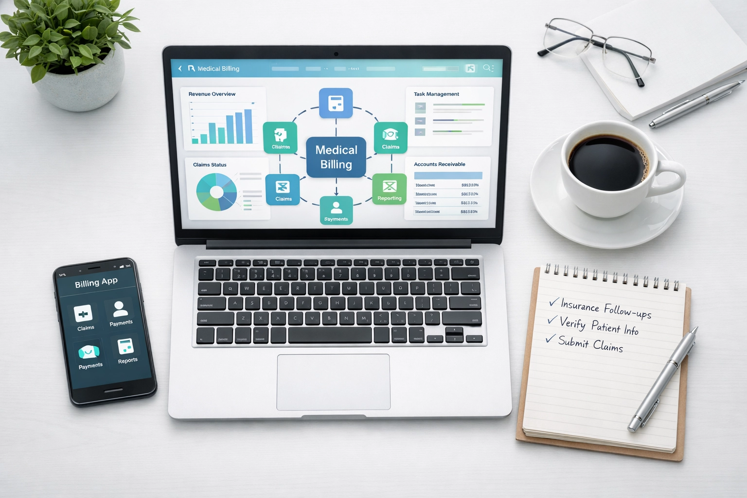 Integrated medical billing software workspace with connected RCM systems