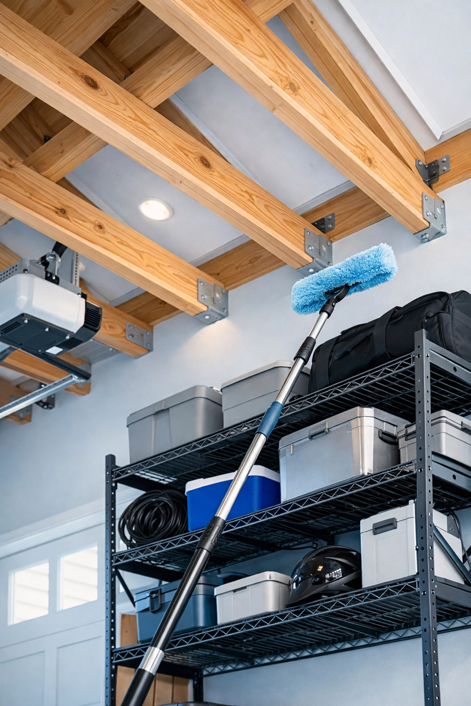 Professional cleaning tool dusting high garage rafters and shelving after construction.