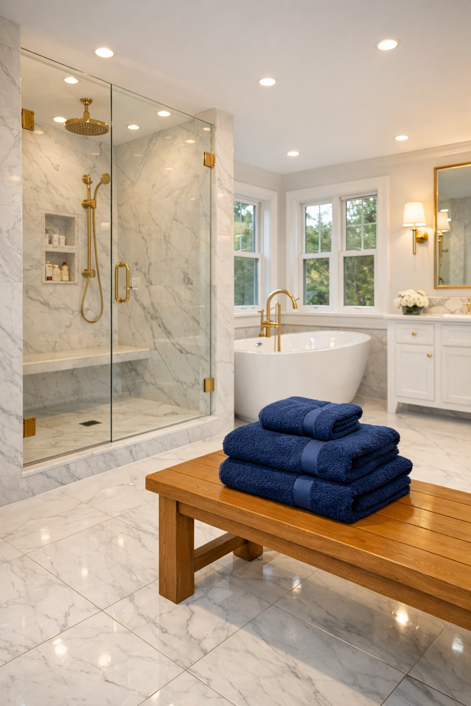 Post-construction cleaning results in a Boxborough bathroom with polished marble floors.
