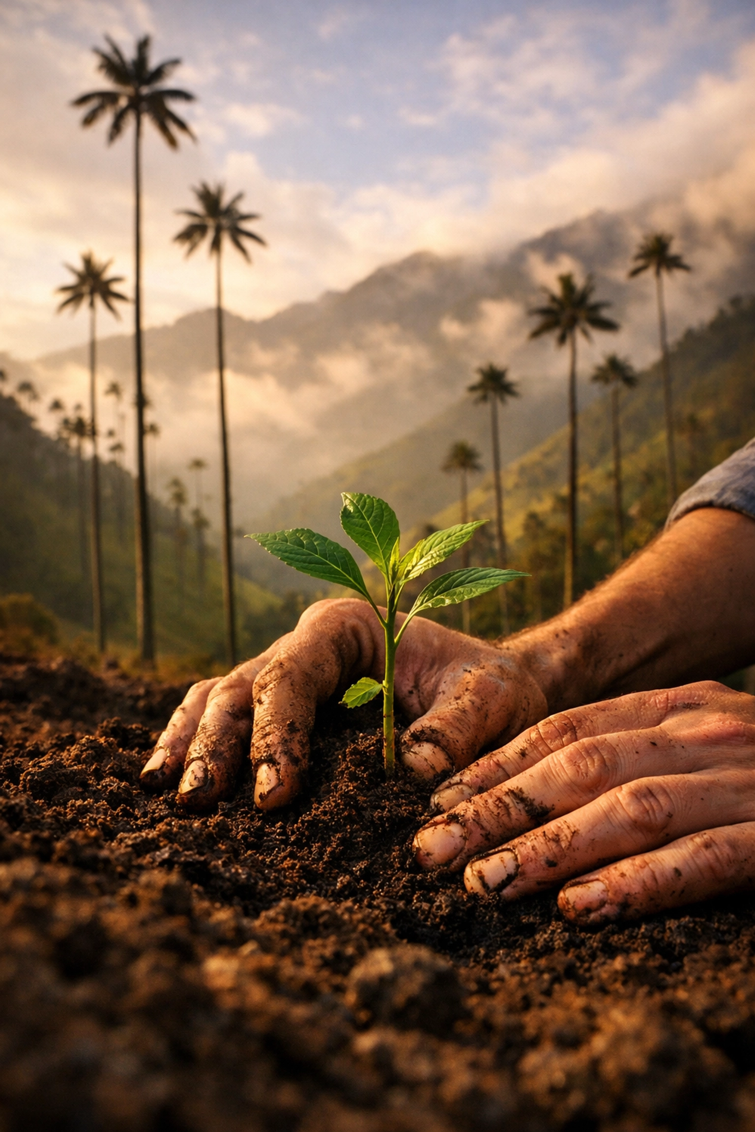 Traveler planting native tree in Valle de Cocora, Colombia during eco-travel experience