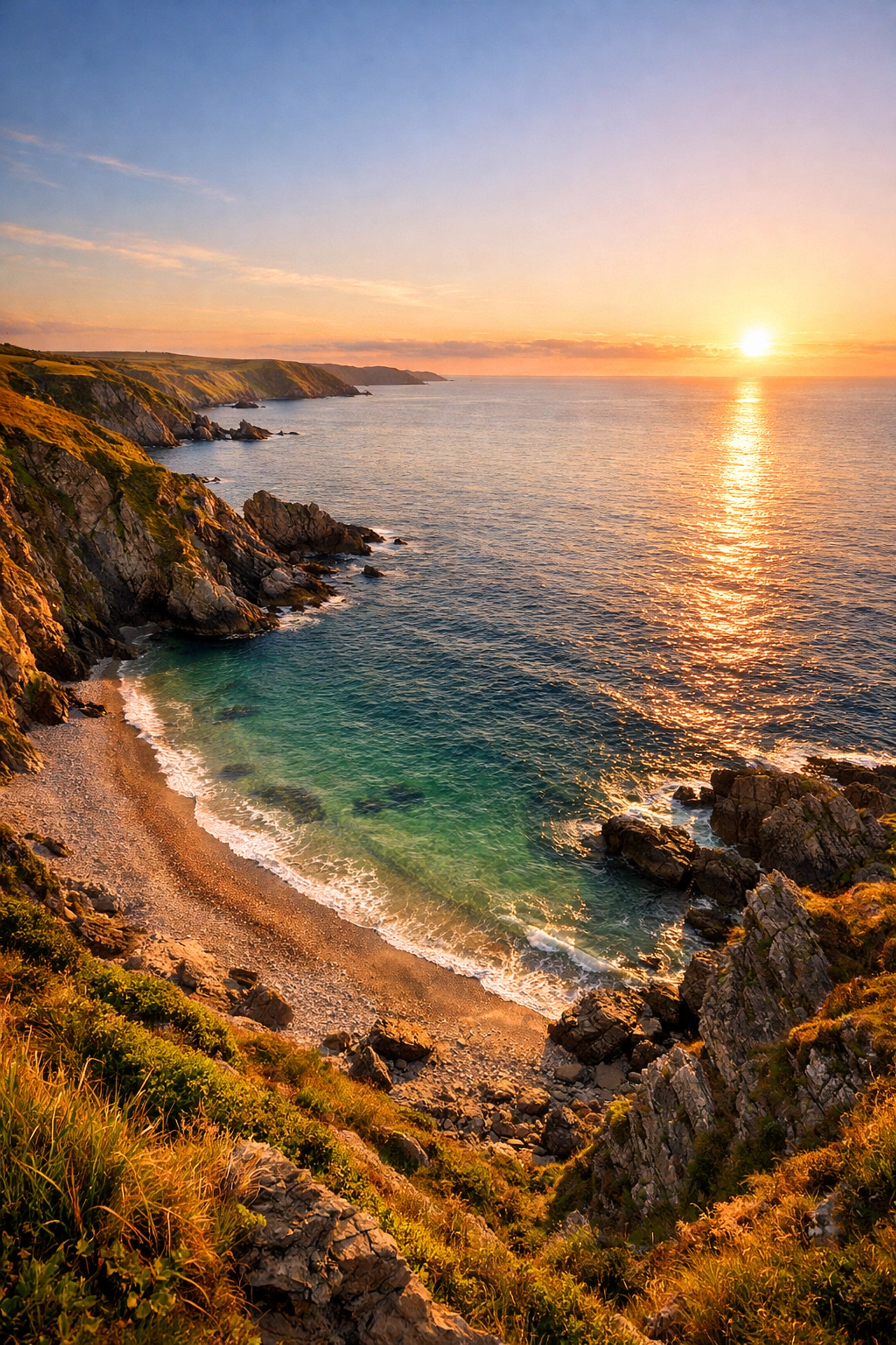 Scenic clifftop view of Porthbeor Beach, Cornwall, offering a tranquil setting for scattering ashes at sea.